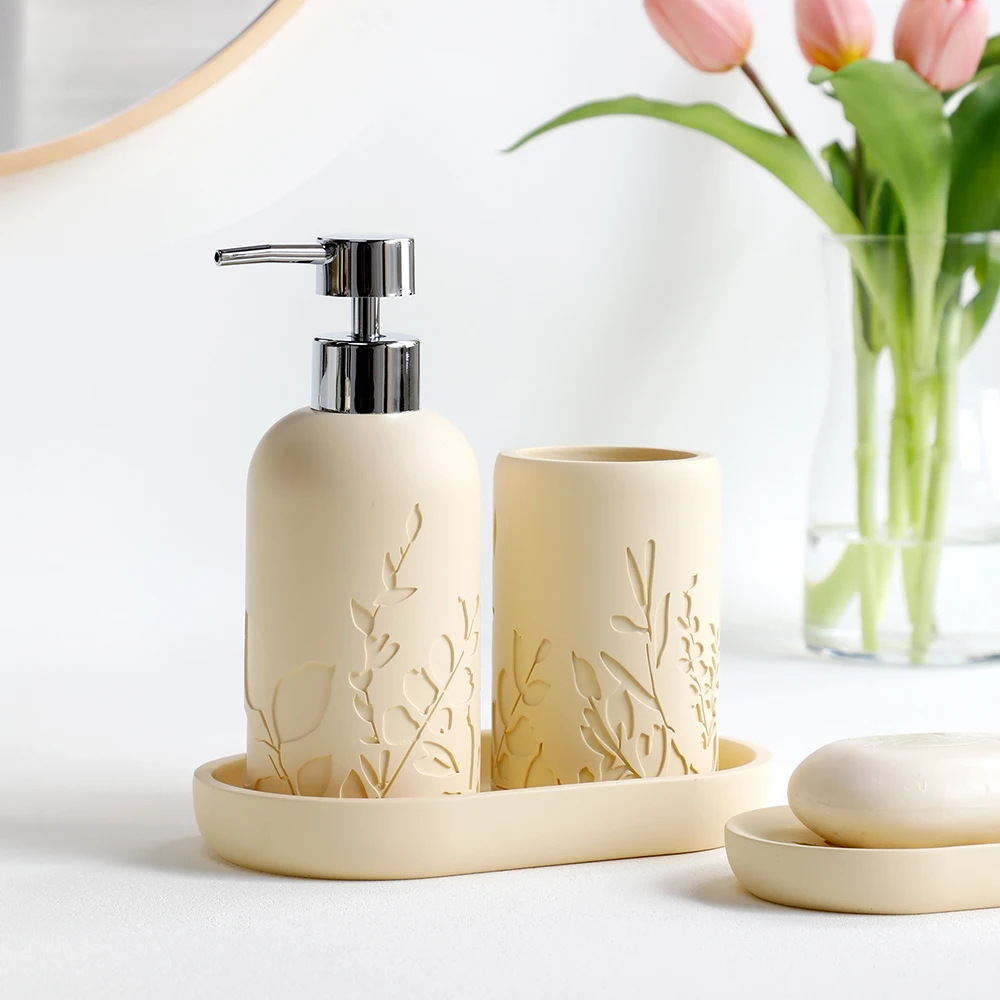 Bathroom 5-piece soap dispenser mouthwash cup toothbrush holder soap tray bottle body carved pattern