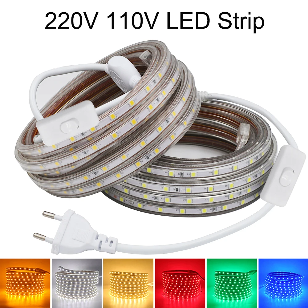 

5050 LED Strip Light 220V 110V Waterproof 60LED/m Flexible LED Ribbon with Switch Plug Home Decoration Warm White Blue Pink Red