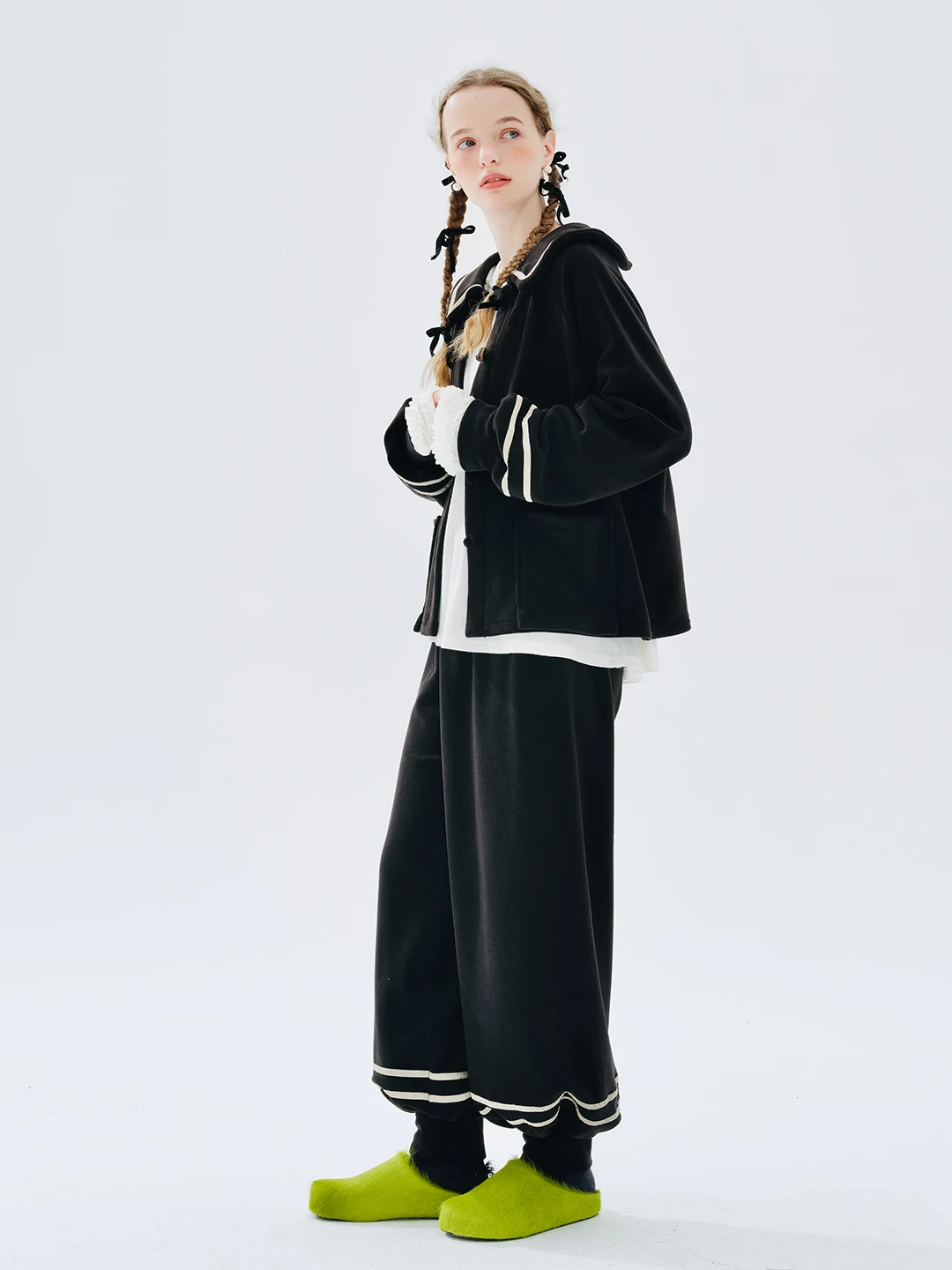 IMAKOKONI original design Autumn Winter long sleeve lapel striped black cardigan single breasted coat top 234350