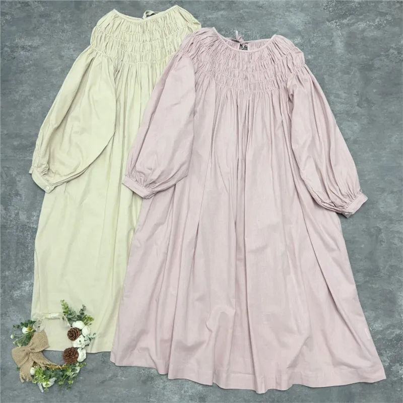 

Johnature 2024 New Cotton Linen Dresses For Women Casual Vintage Solid Color O-neck Loose Pleated Tie Mori Japanese Female Dress