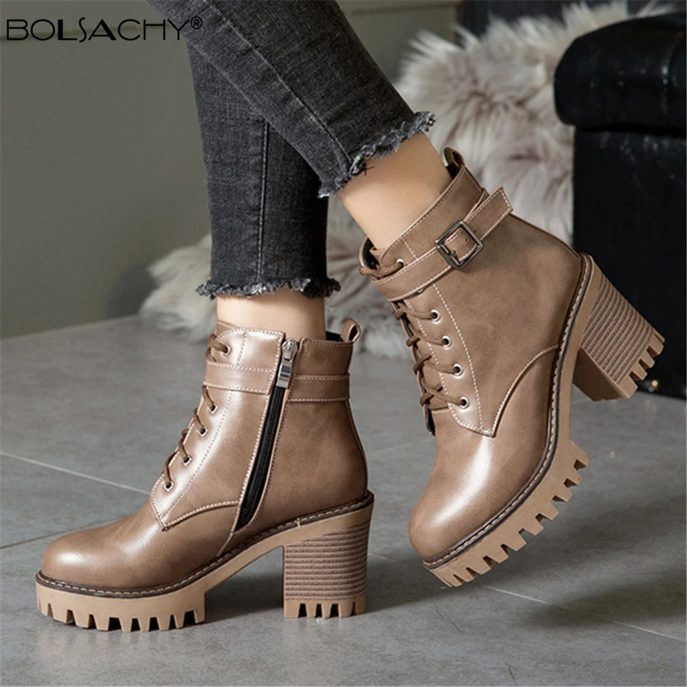 Botas de alto con cordones para mujer, botines de cuero Artificial con plataforma y hebilla, invierno, 2022|Botas hasta el tobillo| - AliExpress