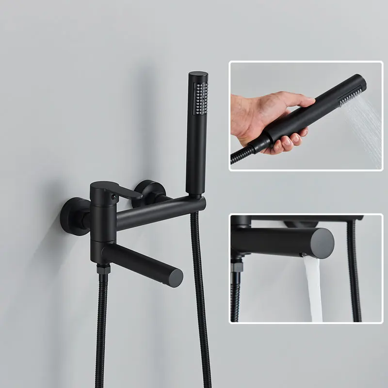 Matte Black Bathtub Faucet Wall Mounted Bathroom Shower Mixer Tap With Swivel Tub Spout  Long Spout Tub Crane Single Handle 3