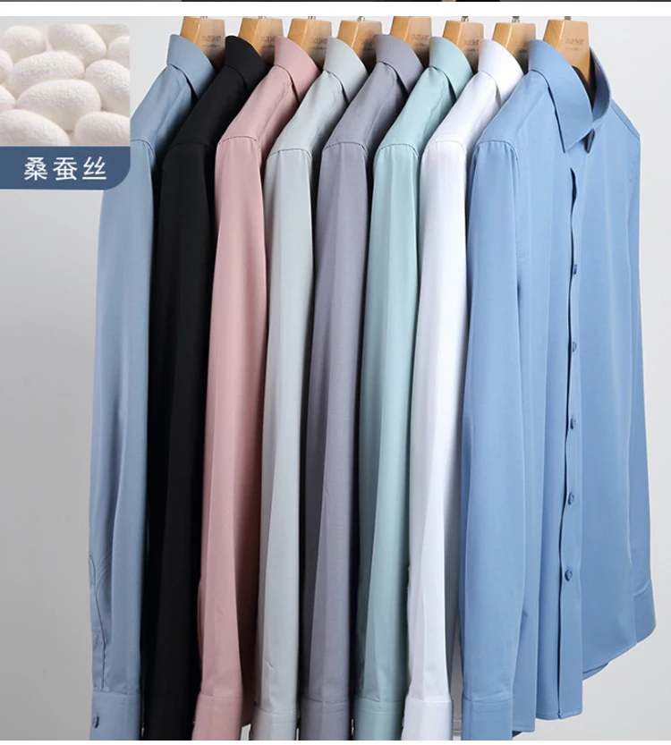 New autumn and winter silk shirt, men's long sleeve, high elasticity, no iron, no trace, solid color, business and leisure