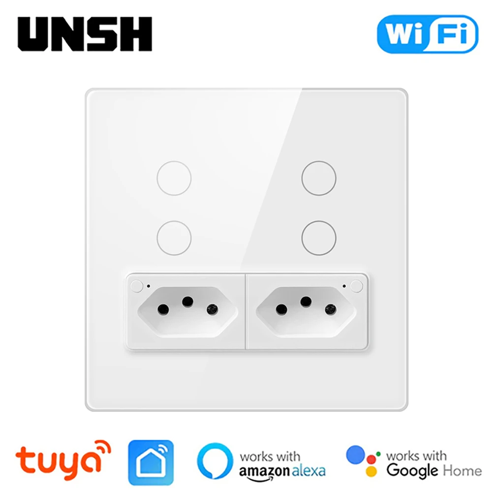 

Tuya Smart Brazil WiFi Light Switch With 2pcs 16A WiFi Smart Socket 4X4 4 Gang Glass Panel Works With Alexa Google home