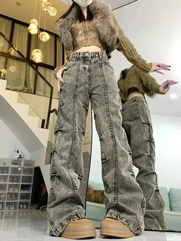 

Autumn Fashion YK2 High Waisted Retro Women Side Pleated Micro Flared Jeans Women American Women's Loose Wide Leg Denim Pants