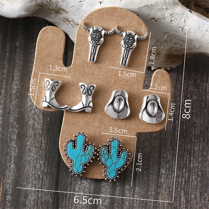 Western Turquoise Stud Earrings - Cowgirl Boots & Cattle Head Bohemian Style