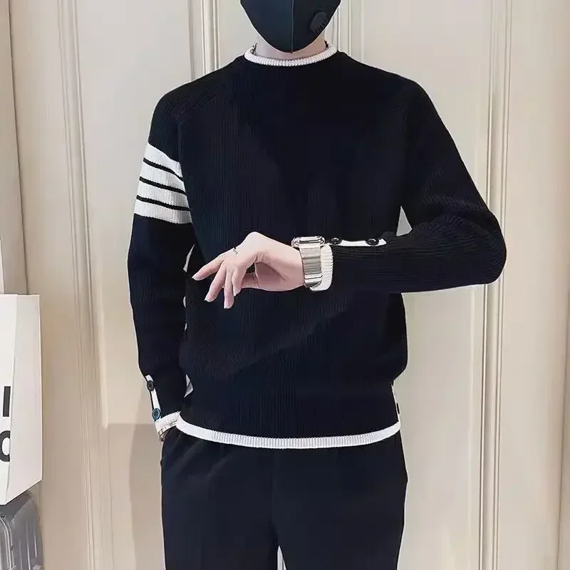 Suéteres de punto para hombre, ropa de hombre negra empalmada, jerseys con cuello, tendencia de negocios 2024, talla grande, holgados, diseñador de lujo, Sheap
