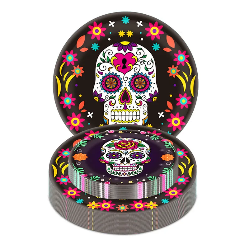 10pcs Mexican Day of the Dead Party Supplies Christmas Disposable Paper Plates Cups Death Day Halloween X-mas Party Decorations