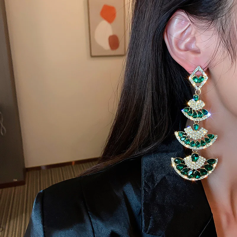 Vintage Green Crystal Drop Earrings for Women Oversize Long Sector Geometric Dangle Earrings Statement Jewelry FYUAN drop earrings dangle earrings crystal earrings long earrings geometric earrings