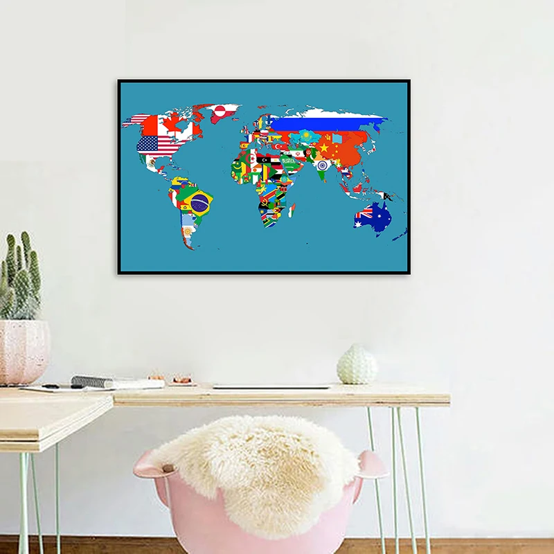 

84x59cm The Map of World In English Spray Abstract Art Background Cloth HD Wall Map for Living Room Decor Travel Study Supplies