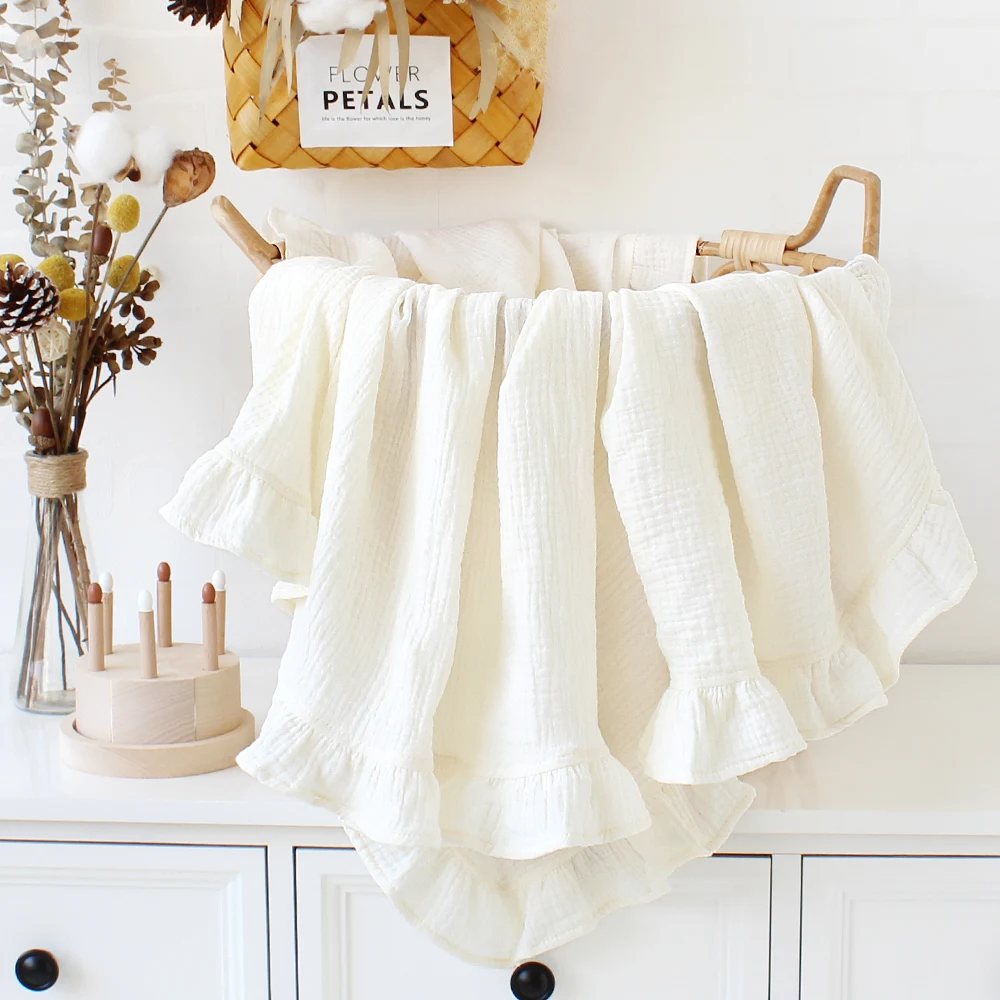 Crinkle Cotton Swaddle Blanket Baby Muslin Blanket  Ruffle Gauze Baby Blankets Newborn Essentials Plain Color Swaddle Wrap