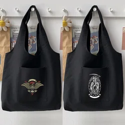 2022 Commuter Bag Shoulder Bag Harajuku Woman Bag Casual Tote Bag Shopping Handbag Gothic Skull Pattern Printed Canvas Bag Black