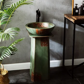 อ่างล้างหน้าแบบตั้งพื้นสไตล์ฝรั่งเศสย้อนยุค อ่างล้างหน้าทรงเสาเซรามิกสีเขียวเข้ม สำหรับห้องน้ำ ระเบียง ลานกลางแจ้ง GN412AO 1