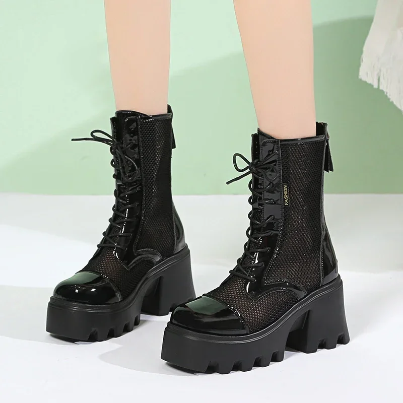 New  Summer Platform Ankle Boots for Women Black White Mesh Breathable Sandals Casual Shoes Woman Zip Thick Bottom Booties