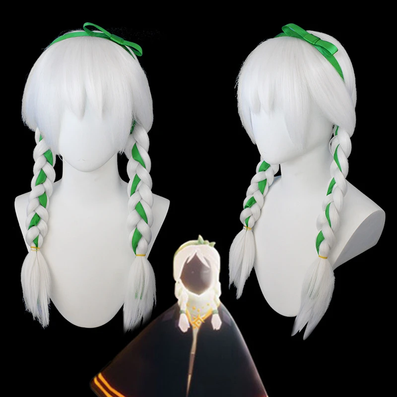 

Sky: Children of Light Cosplay Wig Green Ribbon White Double Ponytail Long Hair Halloween Costume Party Wig Cap Accessory