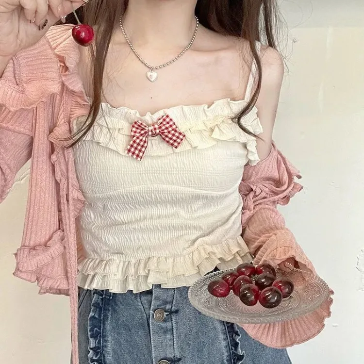 トップス LIten Grosgrain candy Blouse 2025SS Kawaii Candy Color Crop Top Women Japanese Lolita Sweet Tank