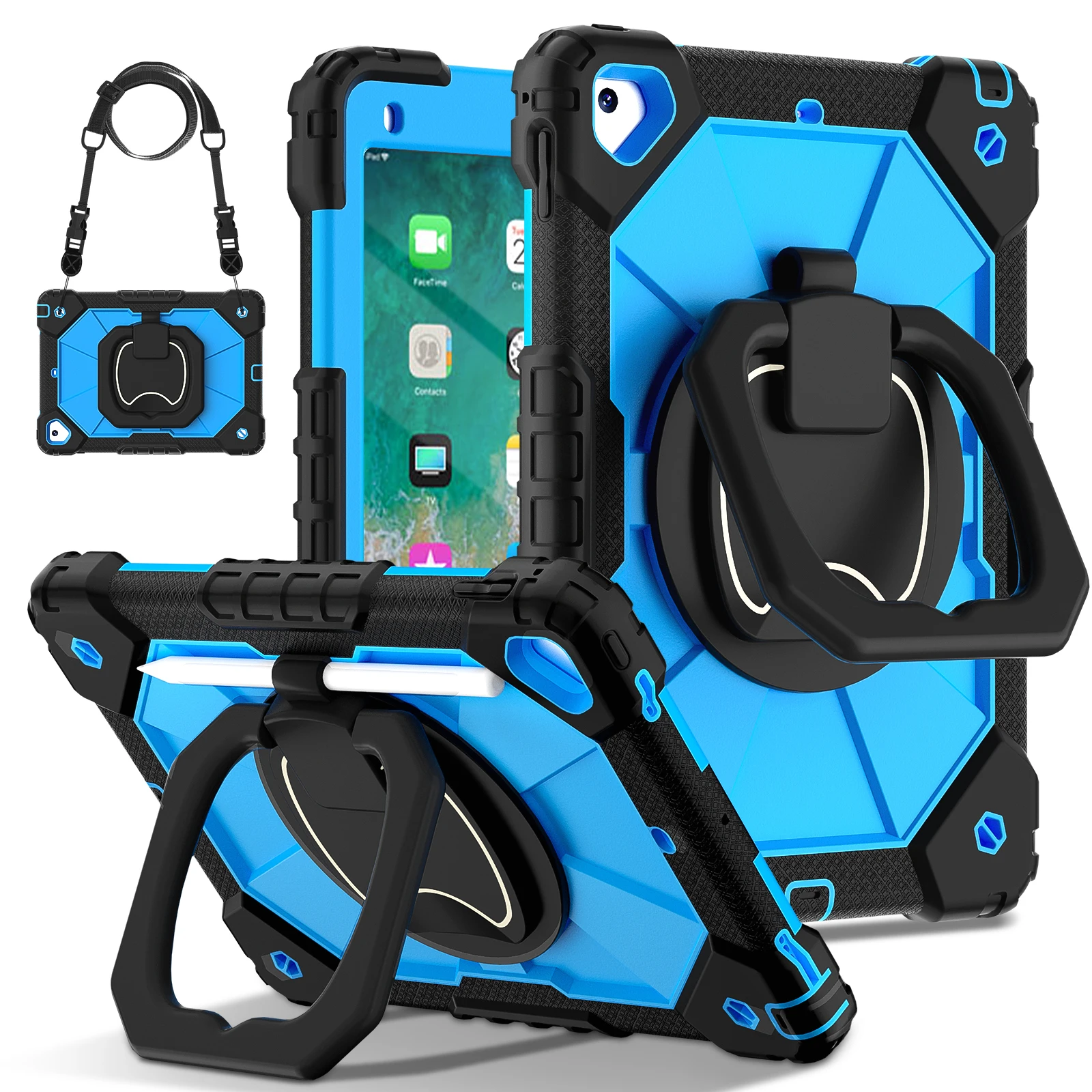 Rugged 360° Rotating Tablet Case with Stand and Shoulder Strap