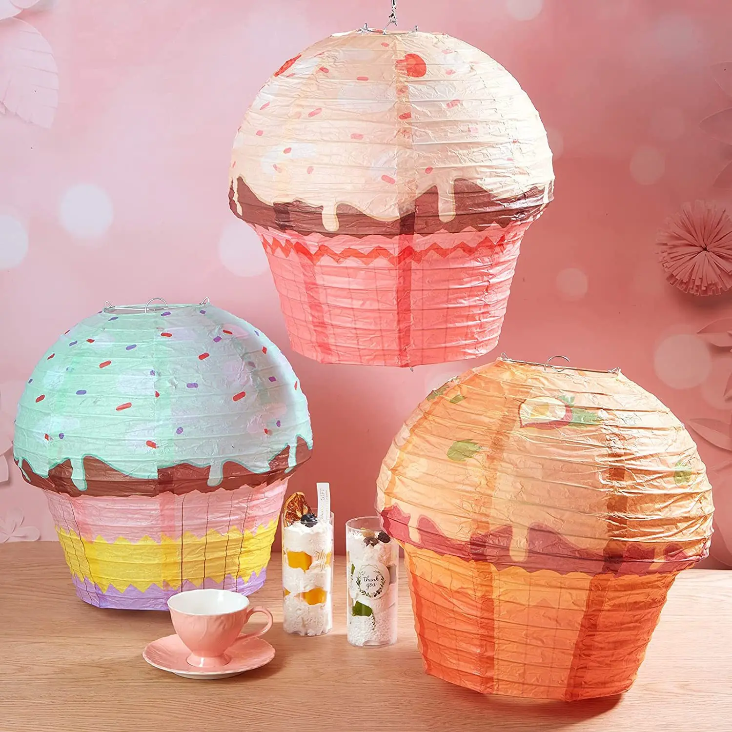 Paper Lantern Cake Paper Lanterns 1st One Happy Birthday Party Decoration Kids 3D Ornaments Cup Cake Ice Cream Pendant Child Baby Shower Favor