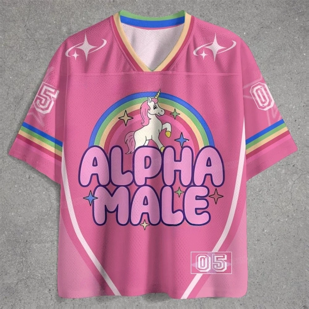 Lustiges Alpha-Männchen-Einhorn-T-Shirt für Männer, Y2K Regenbogen-Cartoon 3D-All-Over-Print V-Ausschnitt Kurzarm-Oberteil, Neuartiges T-Shirt für Straßenpartys