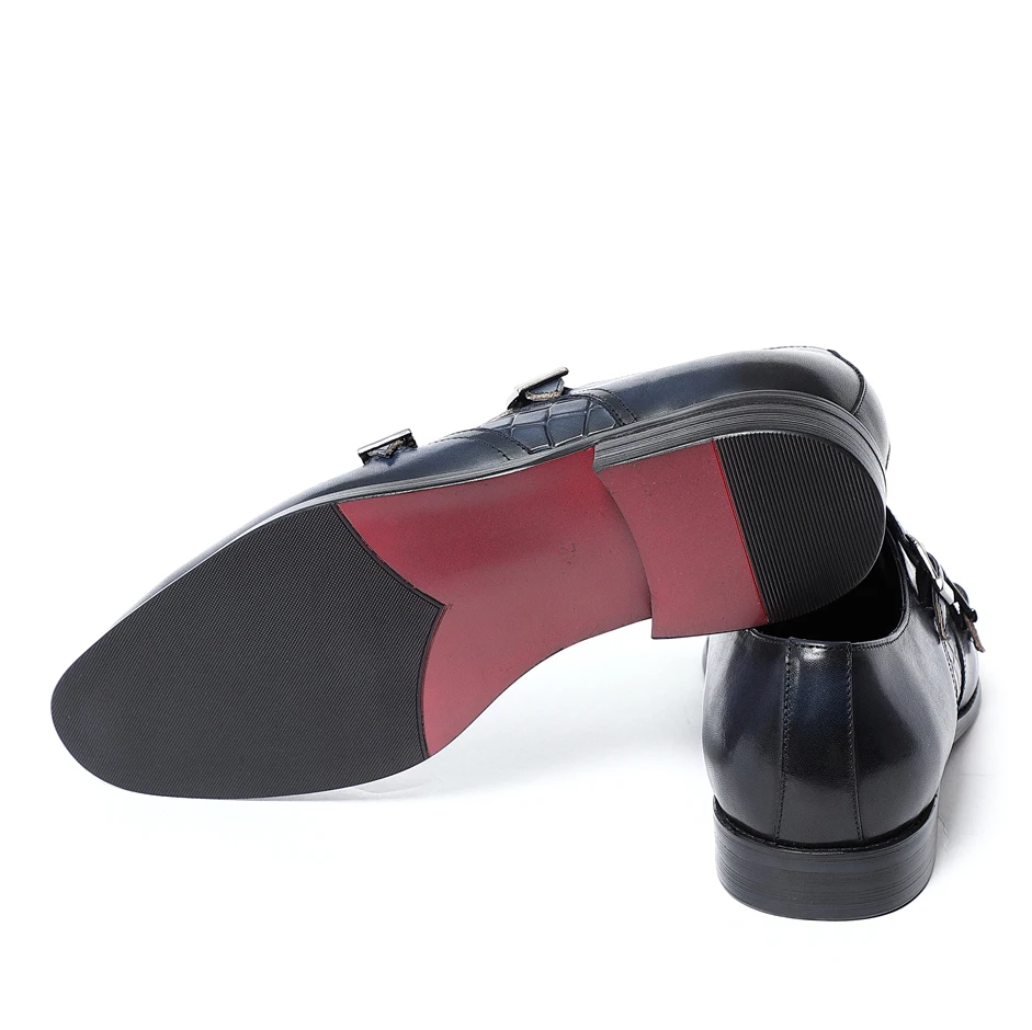 Natural Cow Leather Elegant Man Dress Shoes Stone Pattern Print Monk Double Buckle Strap and Cap Toe Business Party Social Shoes