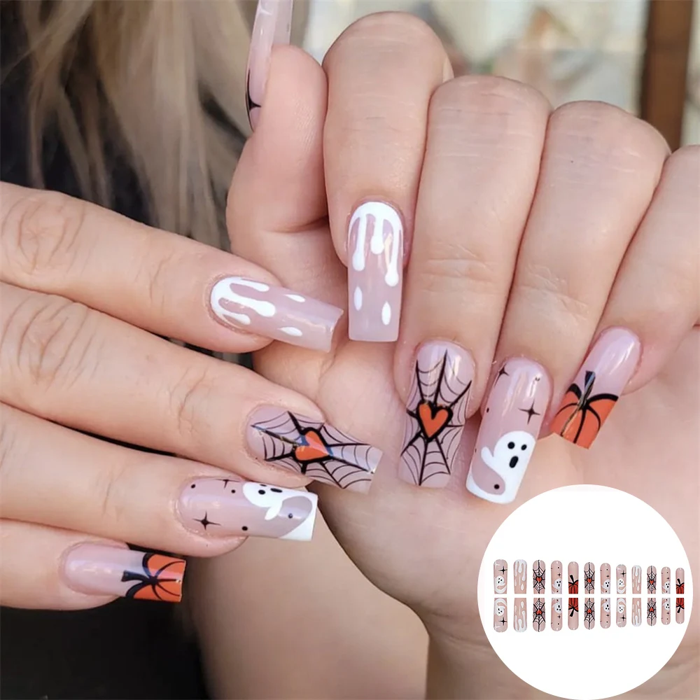 

24pcs Halloween Ghost Pumpkin Fake Nails Full Cover Spider Web False Nails Press On Fake Nail Long Short Medium French Nail Art