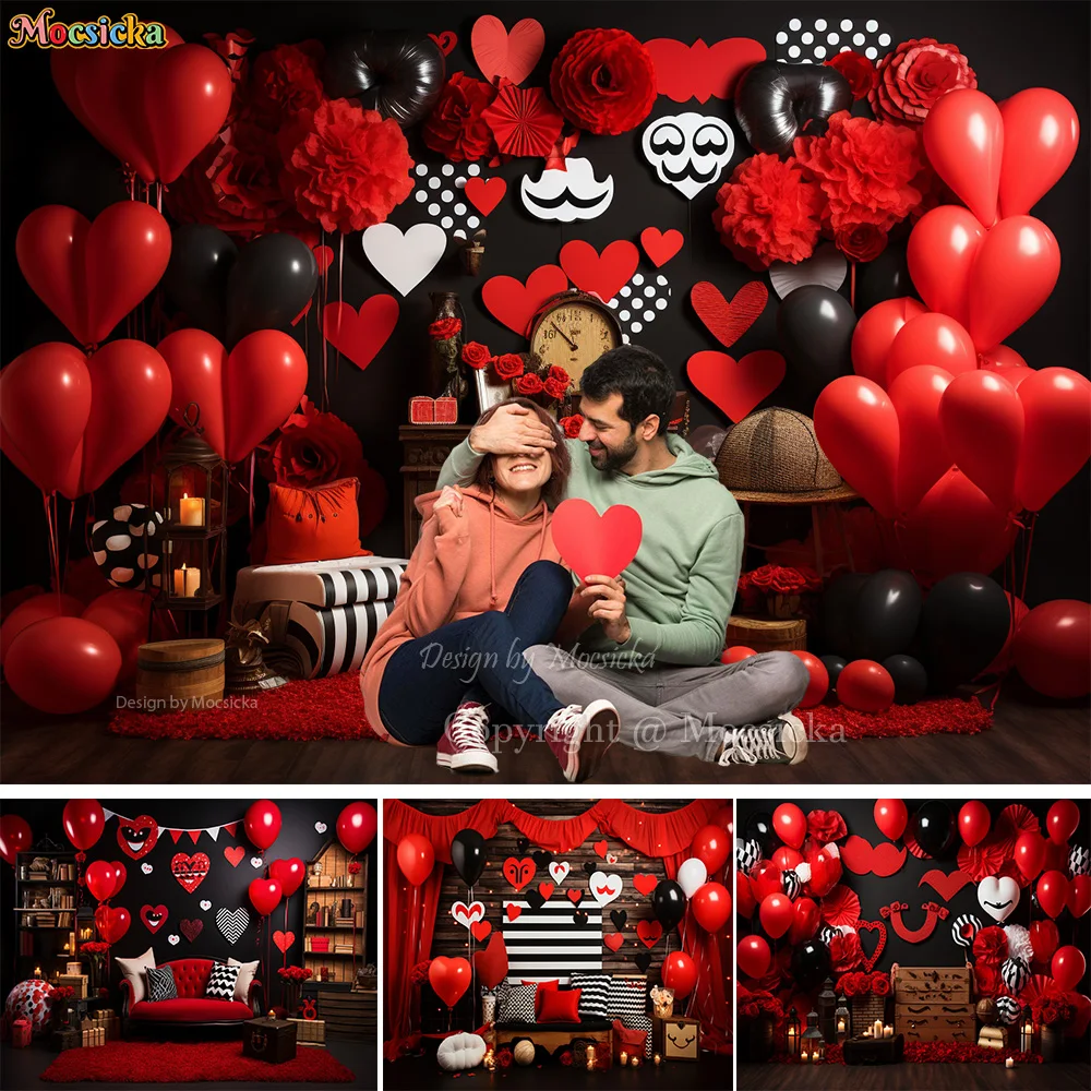 

Valentine's Day Red Black Balloon Backdrop for February 14th Holiday Party Lover Room Portrait Background Kids Cake Smash Photos