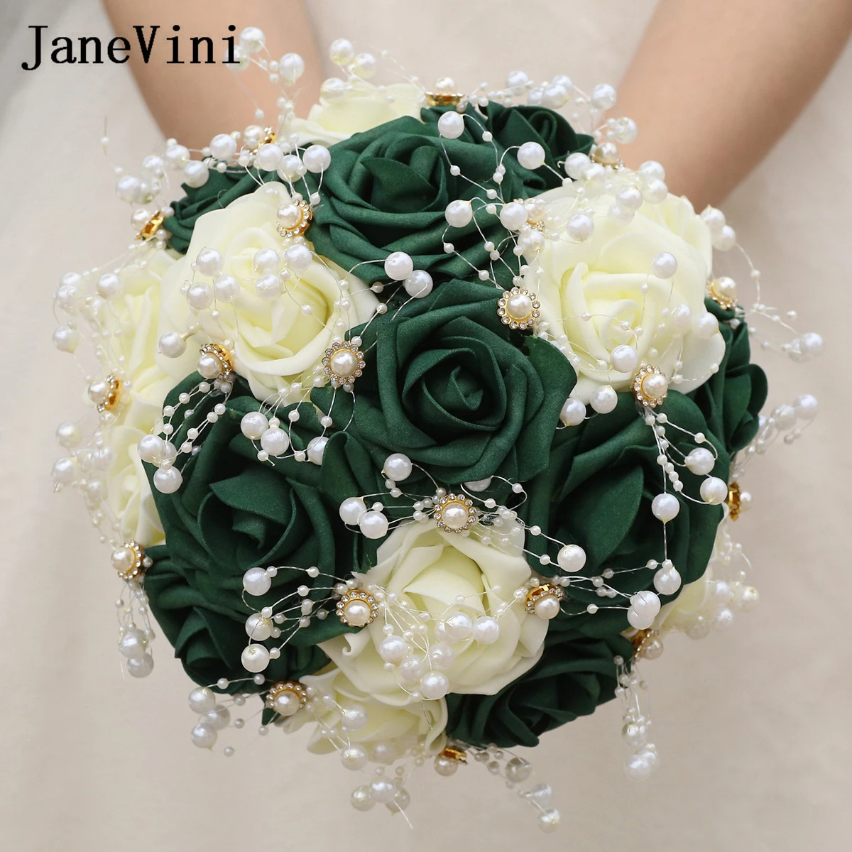 JaneVini Elegant Dark Green Foam Flowers Wedding Bouquet Bride Bridesmaid Holding Flowers Pearl Bridal Bouquets Accesorios Novia