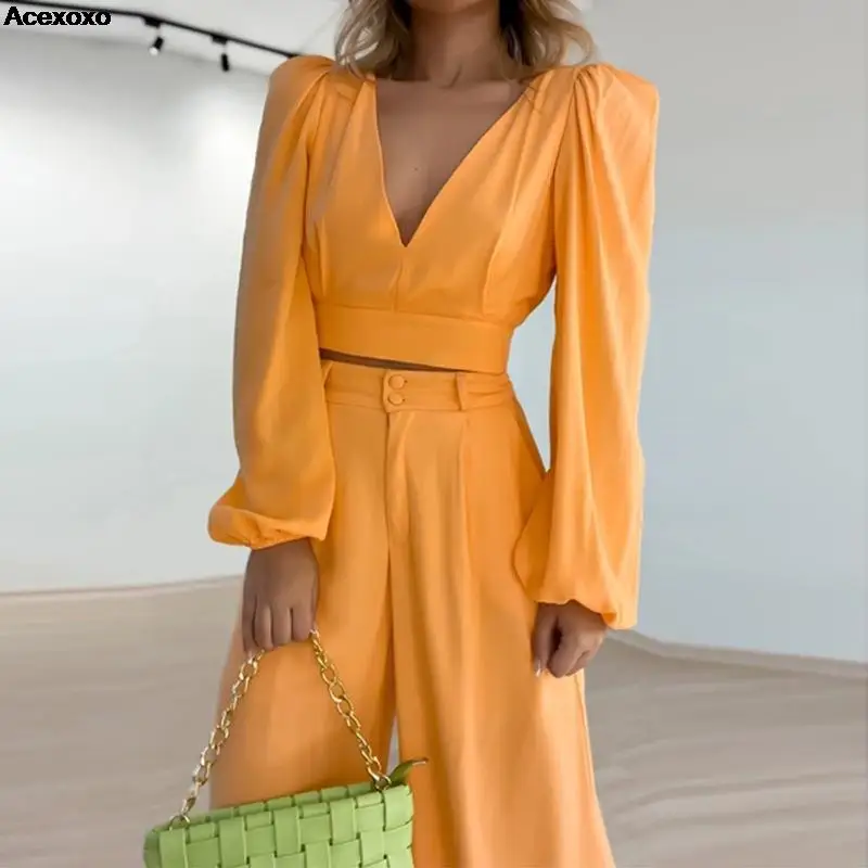 

Women's spring series V-neck long sleeve shirt high waist wide leg pants large size fashion casual suit