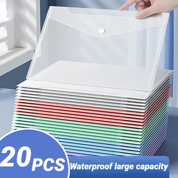 Confezione da 5-20 buste in plastica trasparenti per cartelle di documenti con tasca per etichette e bottone a pressione per l'organizzazione dell'ufficio di lavoro domestico