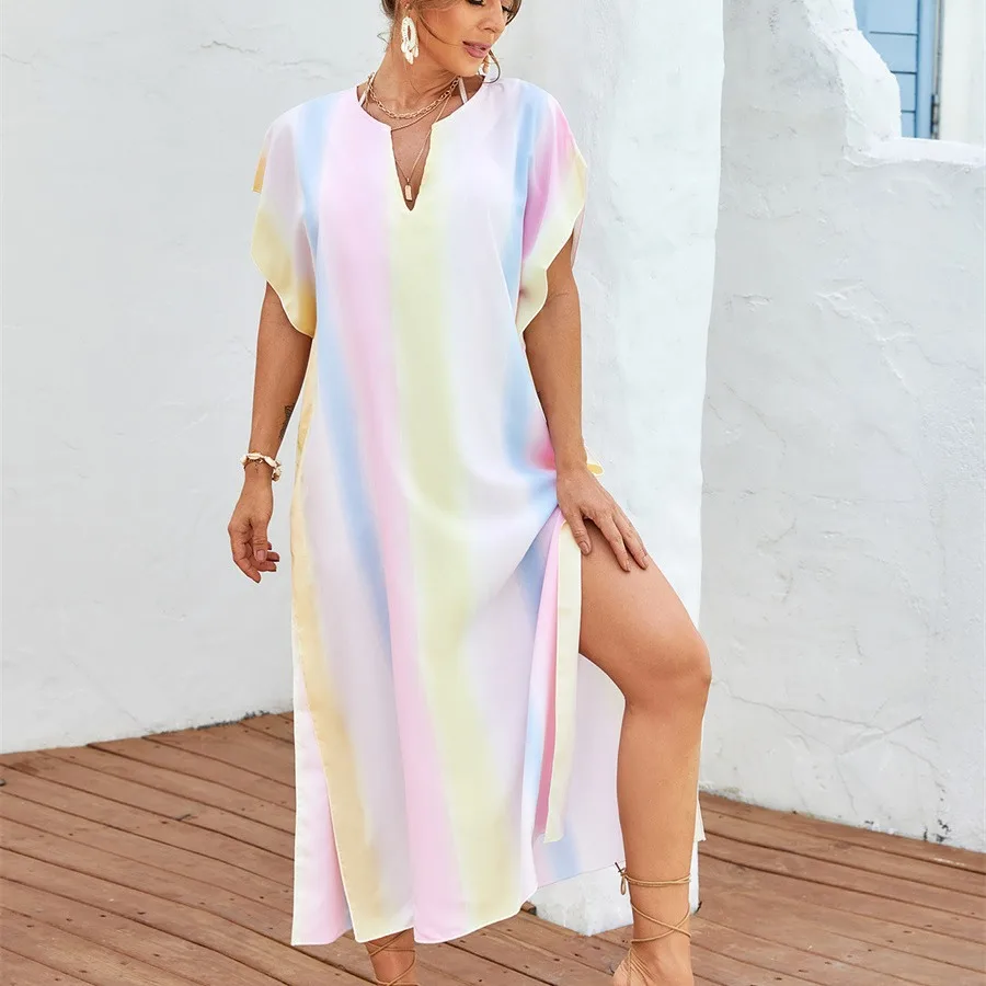 Women's Beach Vacation Long Dress Short Sleeve Casual Chic Robe Summer Casual Style Beach Cover Up Pullover Robe