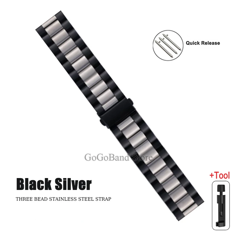 Premium Stainless Steel Watch Band, 20mm/22mm, Metal Strap, Silver/Black Finish