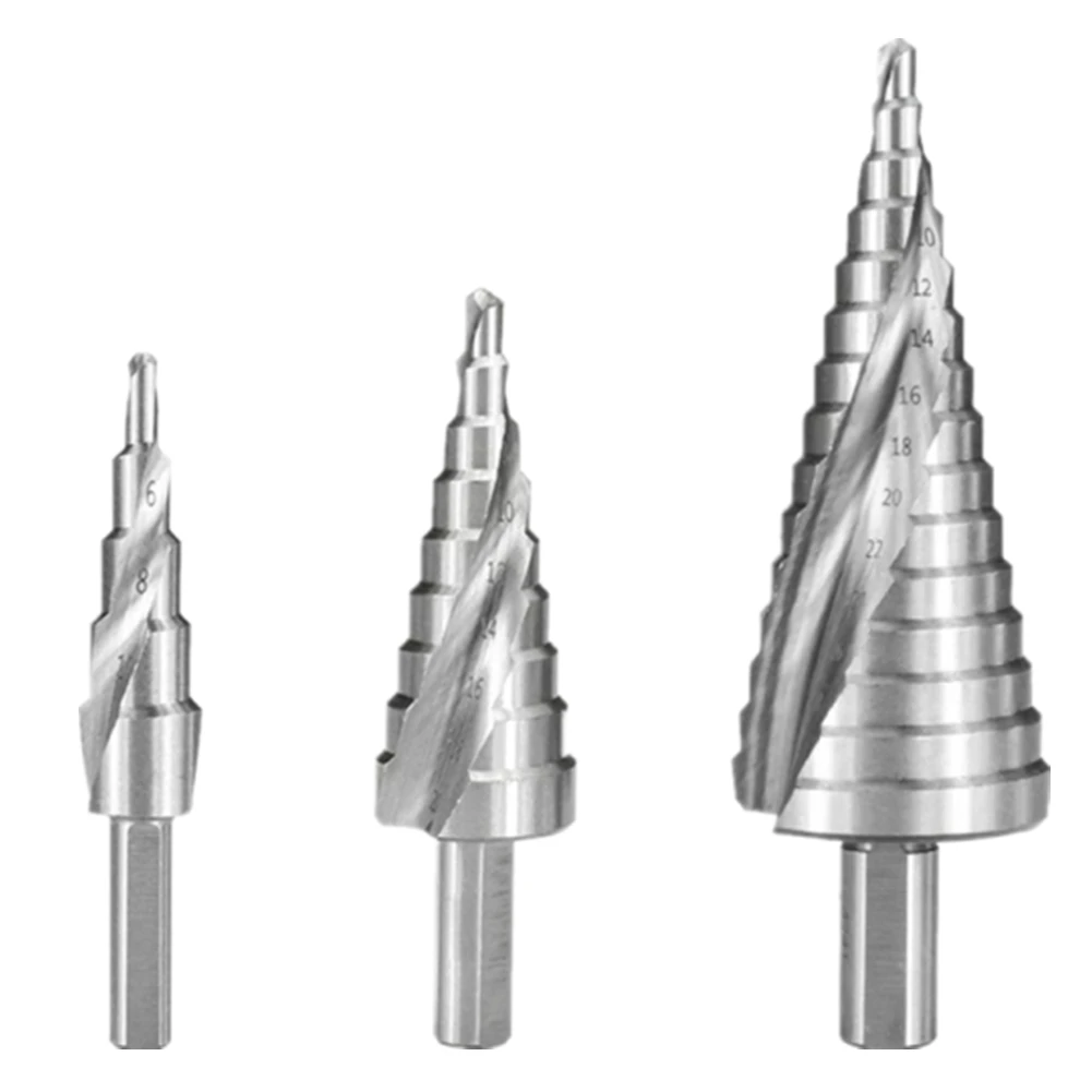 

HSS 3PCS Step Drill Bit Kit 4-12 4-20 4-32mm Spiral Groove Pagoda Hole Cutter Metal Cone Drill Bit Triangular Shank Hole Opener