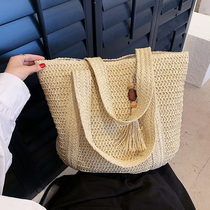 Borsa Tonda In Paglia Intrecciata A Mano - Tracolla In Pelle, Bohémien, Per Spiaggia, Viaggi, Estate