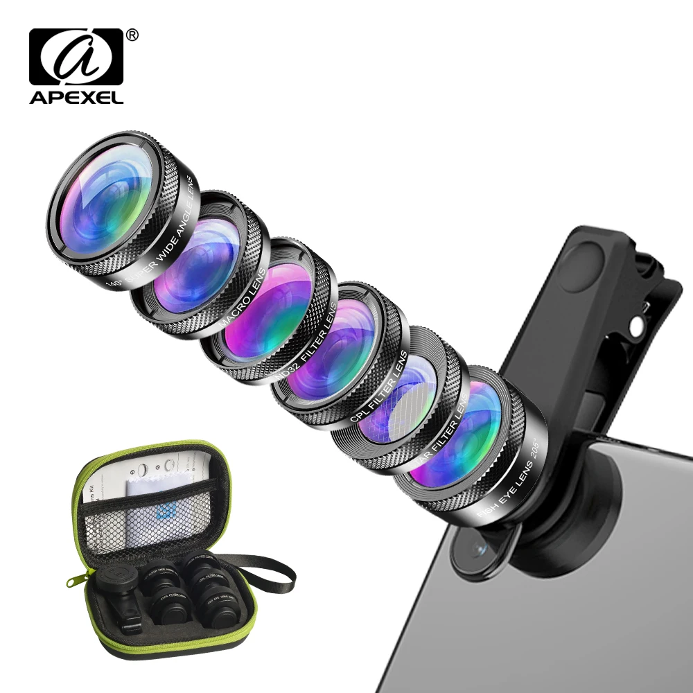 APEXEL 6 in 1 Phone Camera Lens Fisheye Lens Wide Angle macro Lens CPL Star Filter ND32 Fliter for Samsung iPhone all smartphone