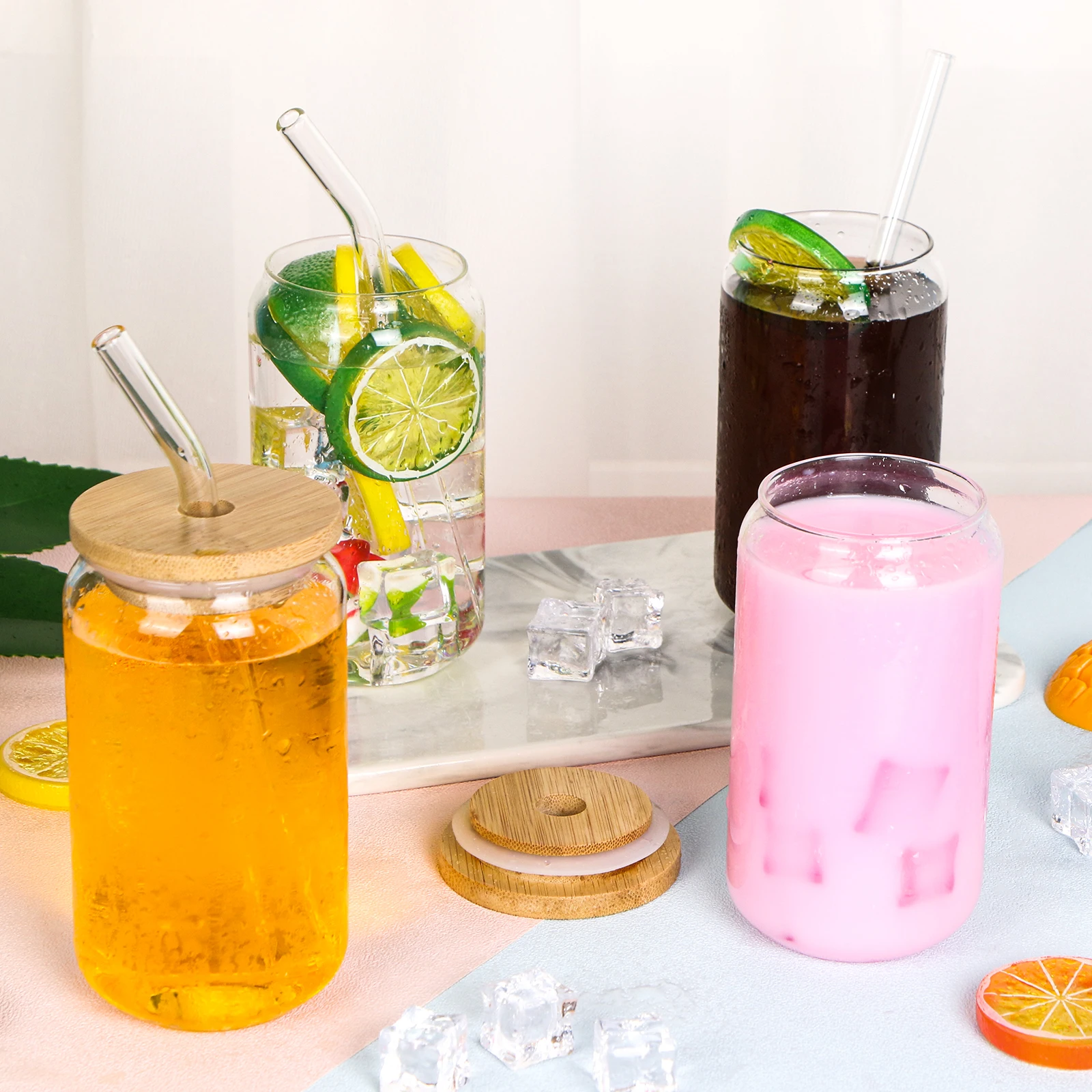 Glass Can Shaped Drinkware with Bamboo Lid for Cocktail