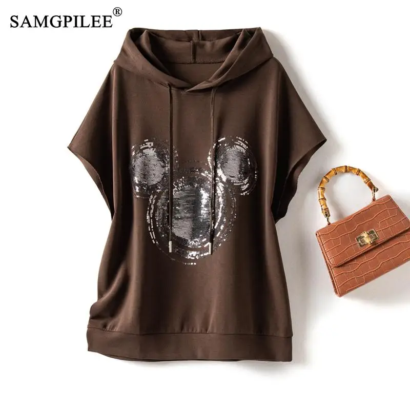 

European Hooded Shirt Dropped Shoulder Sleeves Hooded Air Cotton Light Luxury High Quality Hot Diamond Cartoon Women Sweatshirt