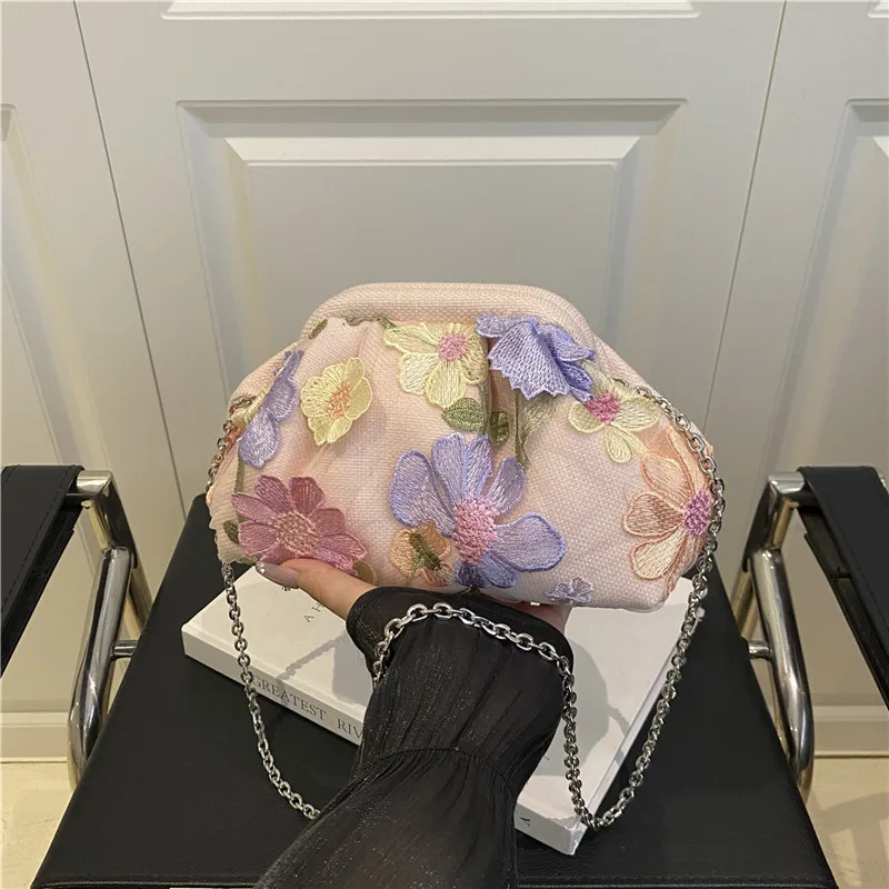 Borsa da sera per donna Borse con design a catena con paillettes Elegante pochette per banchetti Borsa in lino floreale Borse da polso da donna Portafoglio da donna