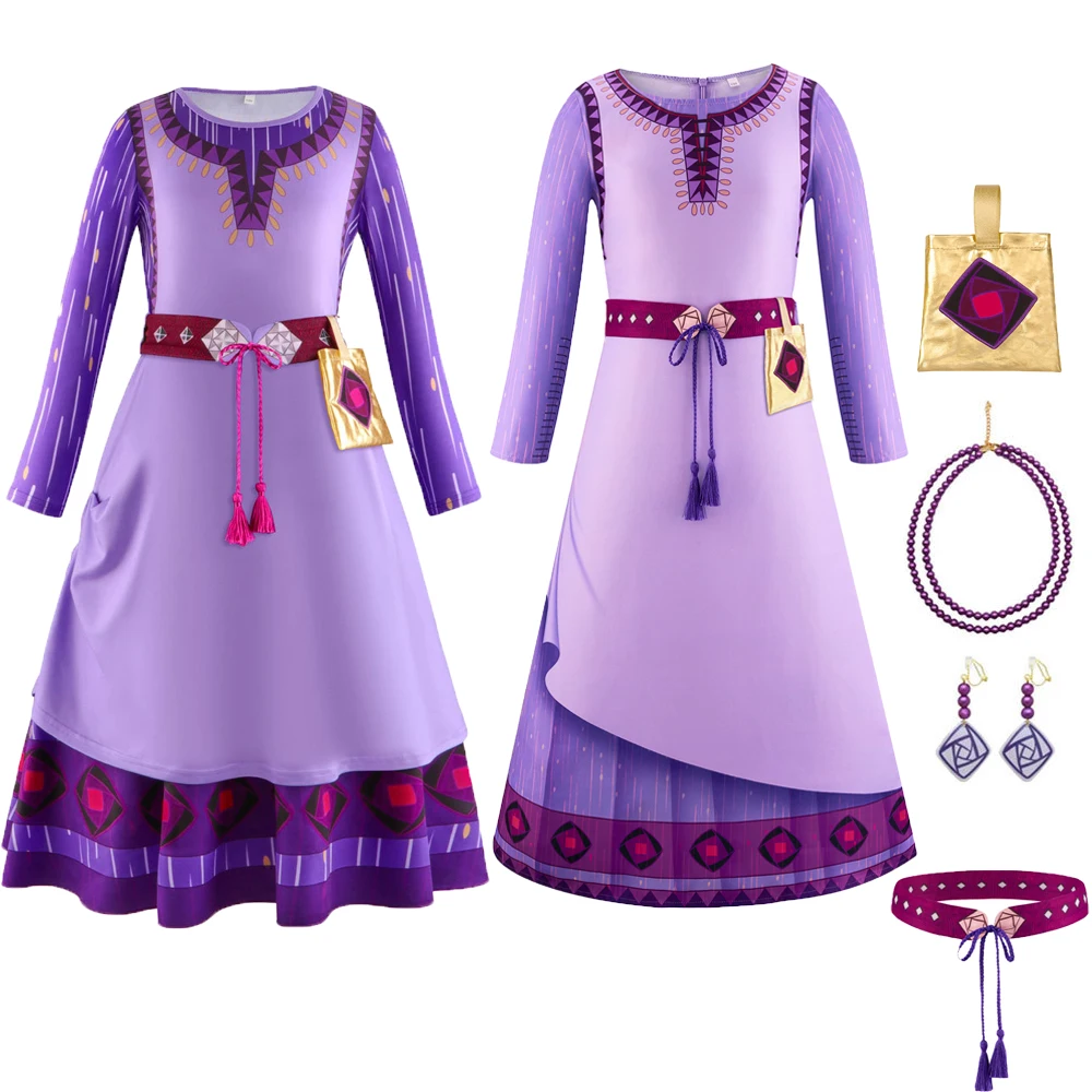 

New Movie Wish Cosplay Costume Princess Purple Long Dress Outfit Halloween Carnival Easter Masquerade Birthday Party for Girls