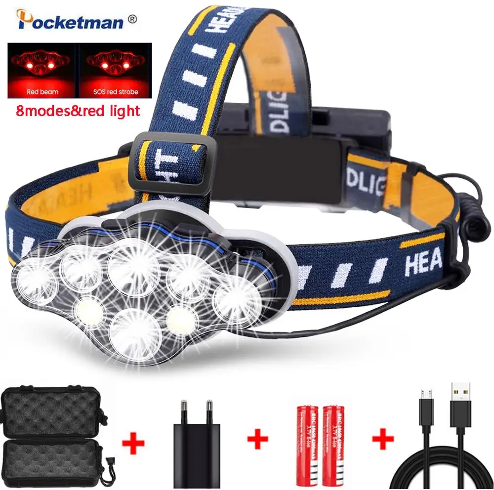 

High Lumen 8 LED Headlight 8 Modes&Red Light Waterproof USB Charging Headlamp Outdoor Camping Skiing Night Run Emergency Light