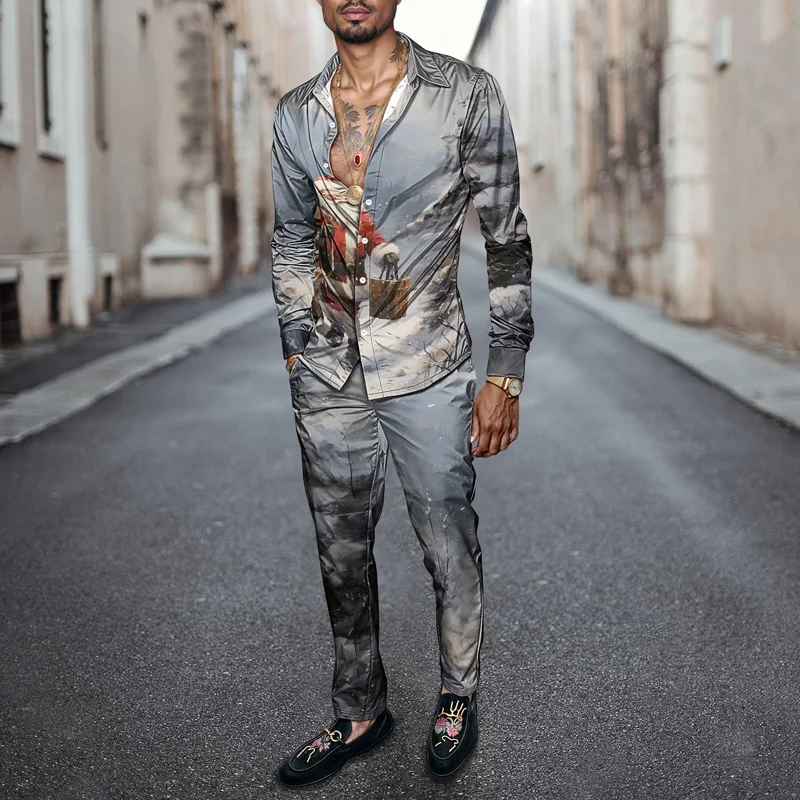 2025 Spring Summer Men Shirt Set Christmas Print Fashion Gingerbread Man Two Piece Set Mens Snowman Lightweight Party Long_viptrois.com
