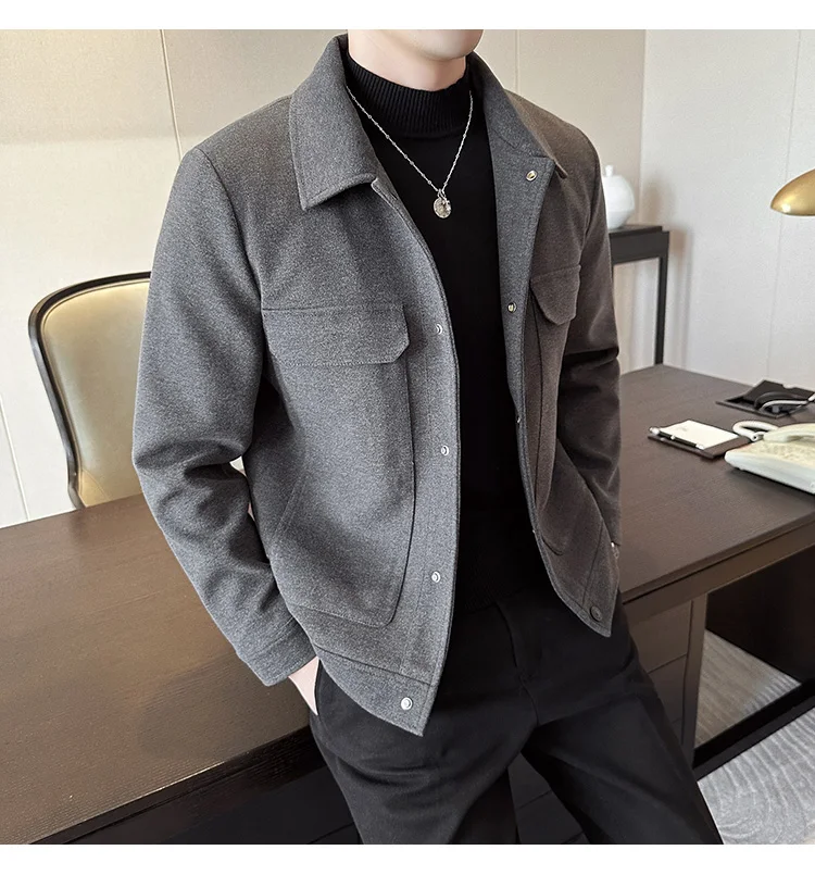 Description Picture 5 of itemAutumn/Winter Men Slim Fit Wool Classic Solid Color Jacket High Quality Business Casual Woolen Jackets Fleece British Style Coat