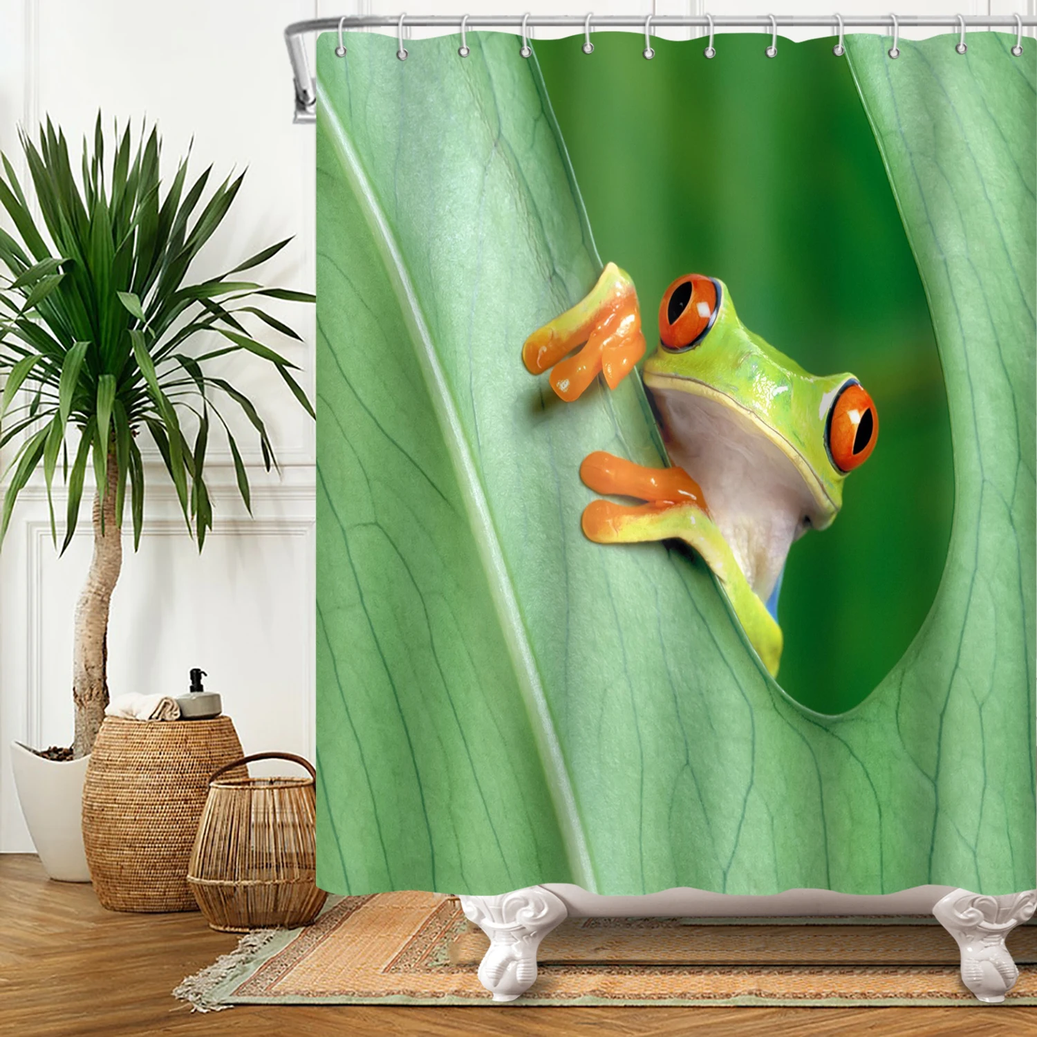 Funny Frog Cartoon Shower Curtain Sets Leaf Animal Creative Children Bathroom Decor Waterproof Fabric Home Hooks Bath Curtains 4