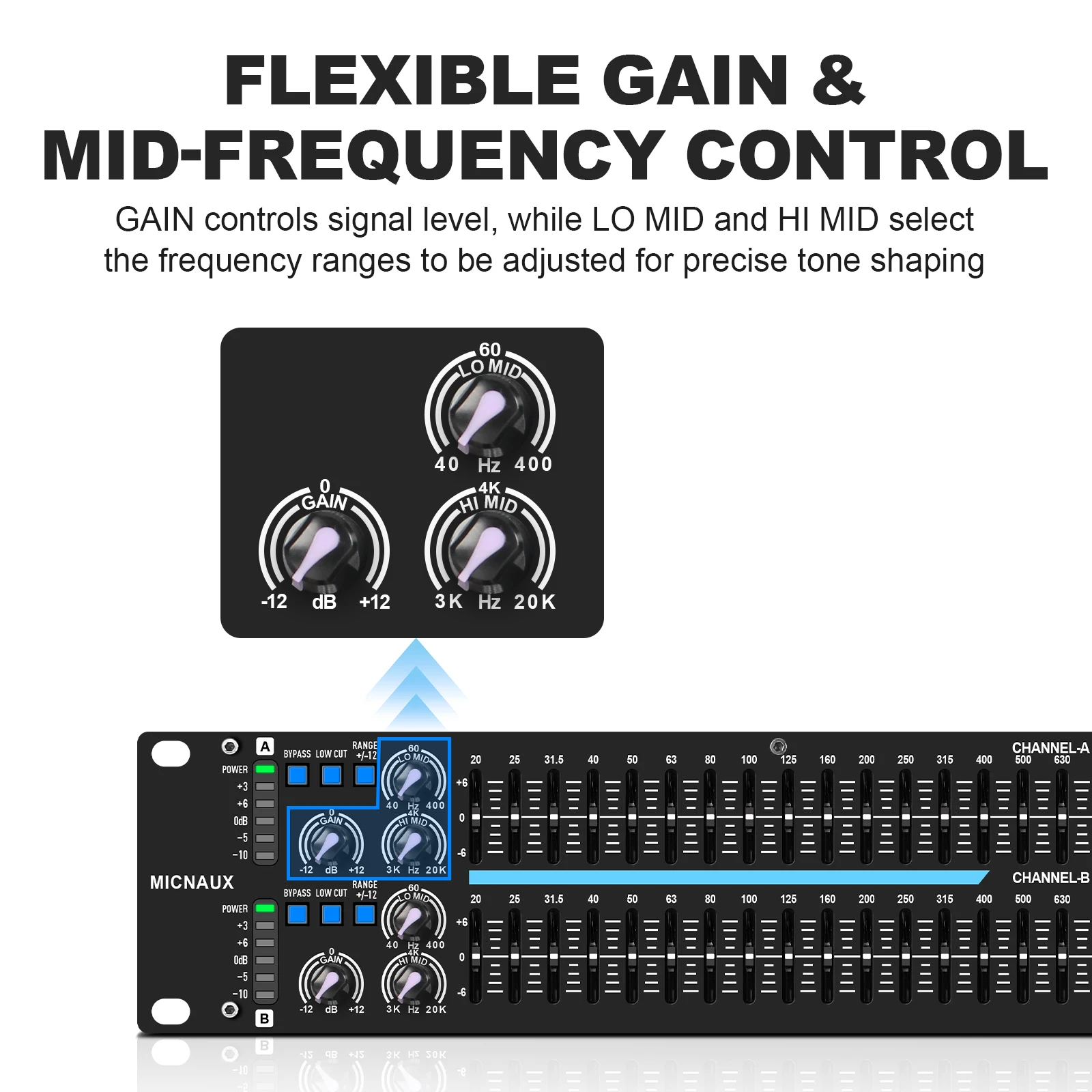 풀로데 듀얼 채널 31밴드 스테레오 그래픽 이퀄라이저 XLR 및 6.5MM 입력 출력 정밀 EQ 슬라이더 (홈 오디오 시스템용)
