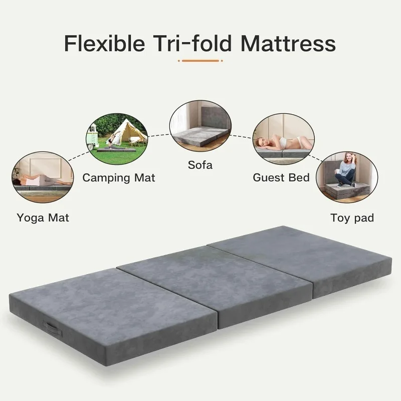 Foldable Mattress Twin, 6 Inch Tri-Folding Memory Foam Mattress with Carry Handle, Washable Cover,&Non-Slip Bottom, Foldable Bed