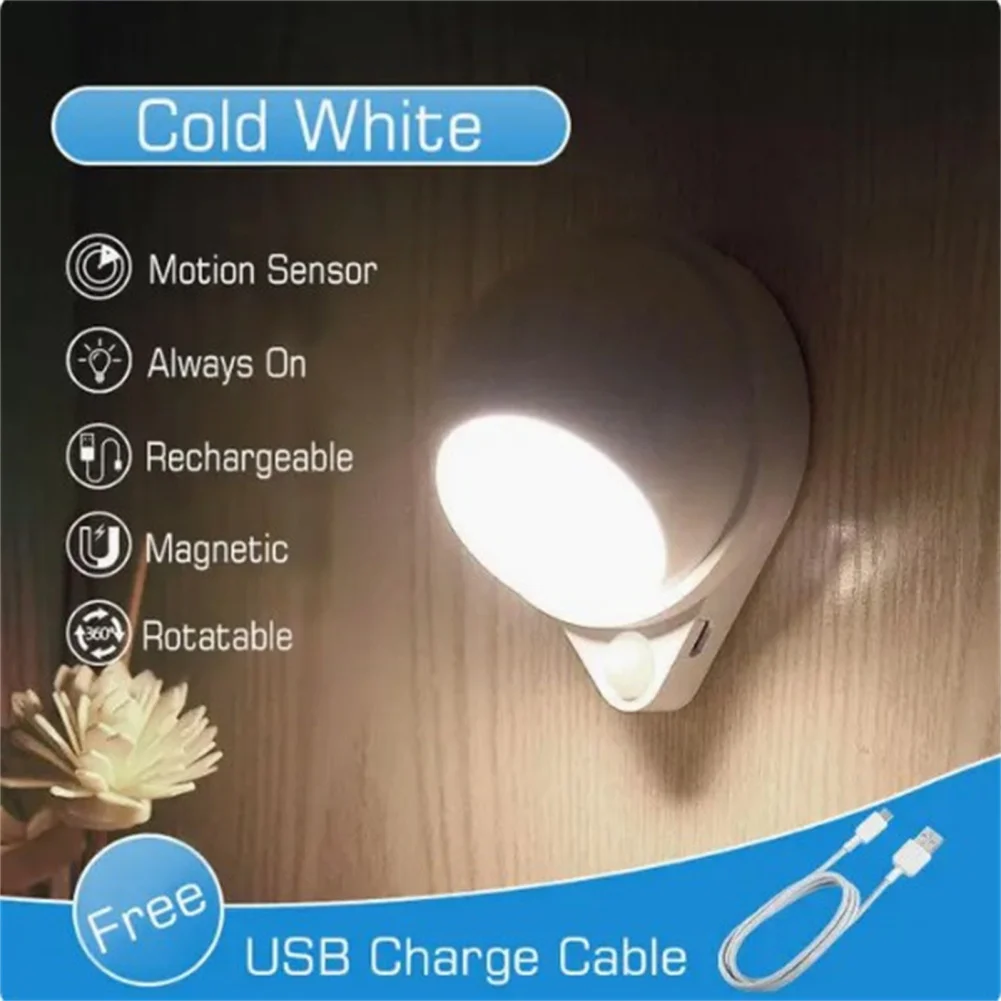 

2024 LED Motion Sensor Night Light USB Charging 360 Degree Rotating Bedside Wall Lamp For Cabinet Stair Corridor Bedroom Closet