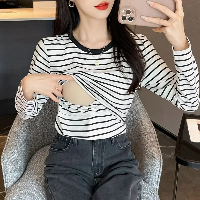 스트라이프 코튼 출산 간호 티셔츠 출산 후 임신 한 여성을위한 캐주얼 긴 소매 모유 수유 티셔츠 Lacation Tops