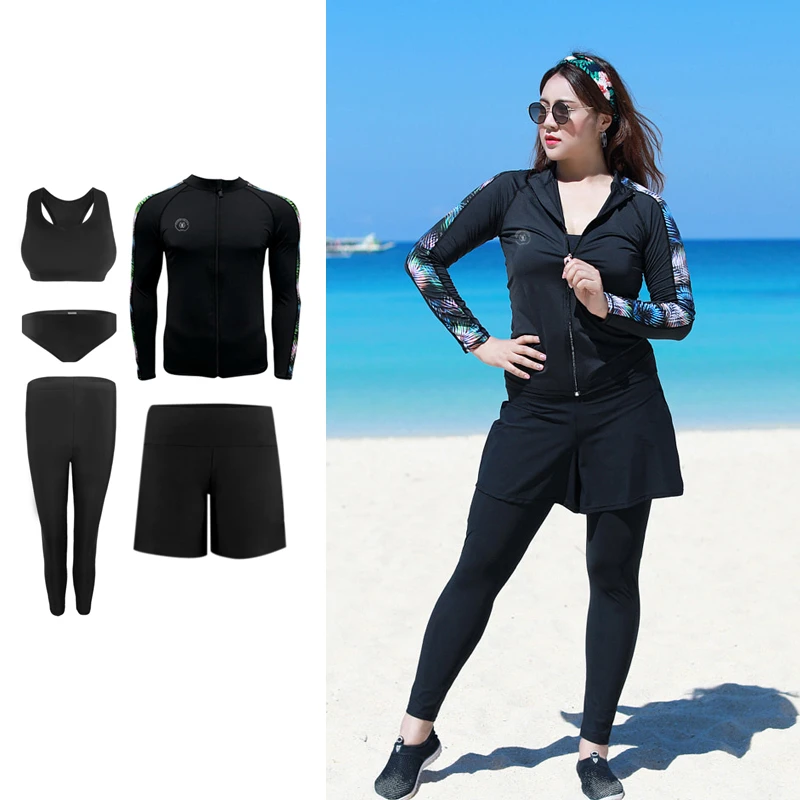 

Plus Size Women 2023 New Rashguard Sports Swimwear Korean Long Sleeve Split Swimsuit Conservative Surfing Swimwear Diving Suit