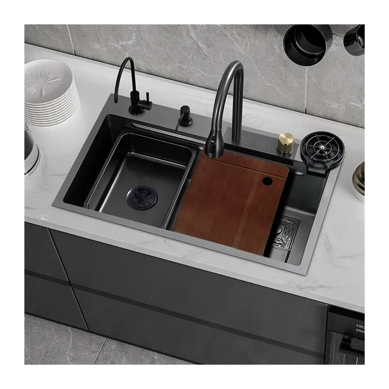 Multifunctional Stainless Steel Kitchen Sink Nano Flying Rain Waterfall Black Handmade Large Single Tank Vegetable Washing Basin 4