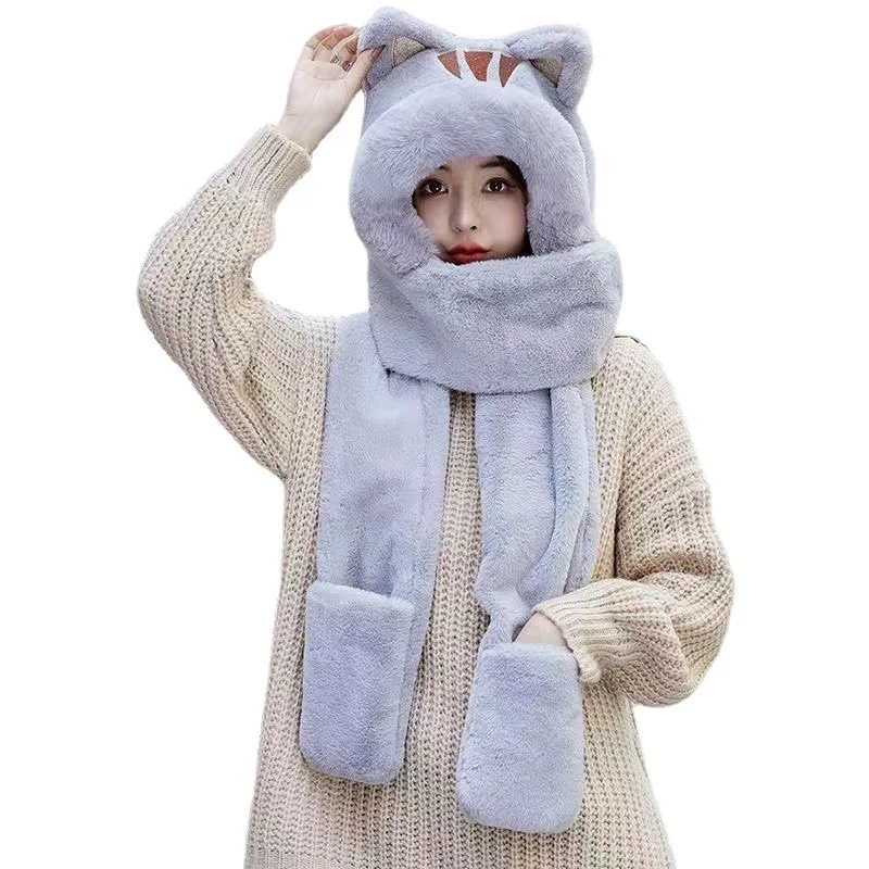 New Cat Plush Hat Scarf Gloves Three Piece One Piece Hat Women's Versatile Fall Winter Thickened Warm 2