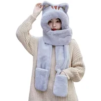 New Cat Plush Hat Scarf Gloves Three Piece One Piece Hat Women's Versatile Fall Winter Thickened Warm 2